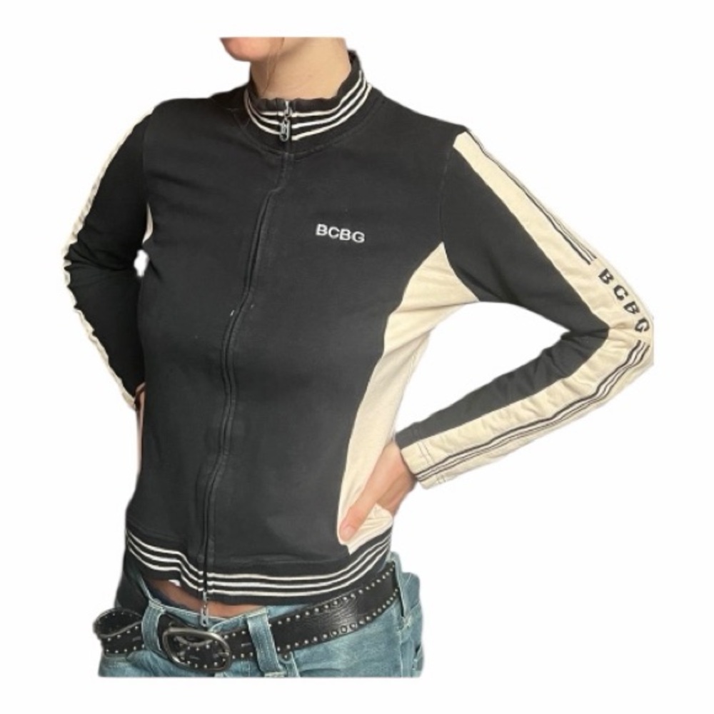 BCBGMaxAzria VTG Y2K Color Block Stripes Fitted Zip Up Jacket Black/Cream MEDIUM